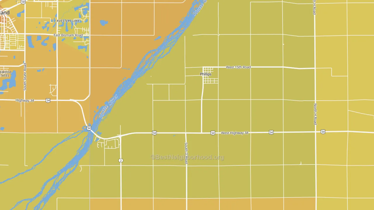 Map of the best neighborhoods in the 68865 area, with better matches in green and worse matches in red