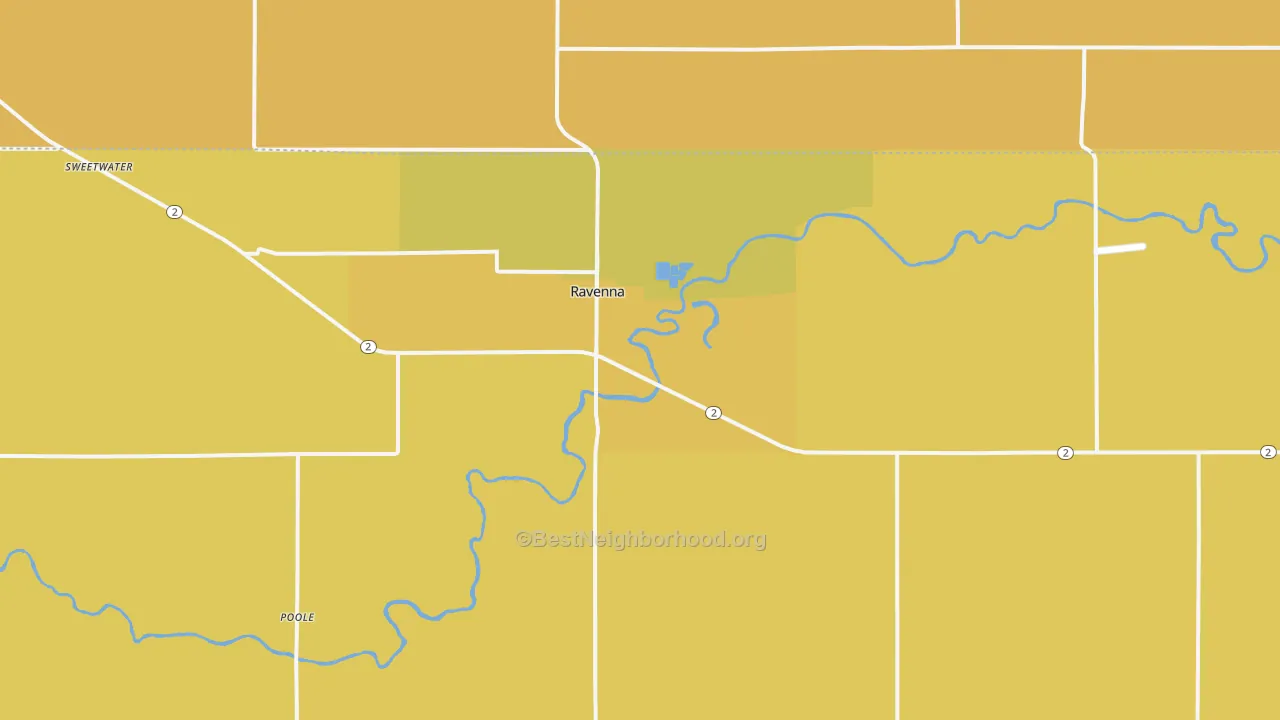 Map of the best neighborhoods in the 68869 area, with better matches in green and worse matches in red