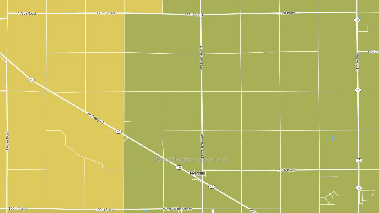 Map of the best neighborhoods in the 68870 area, with better matches in green and worse matches in red