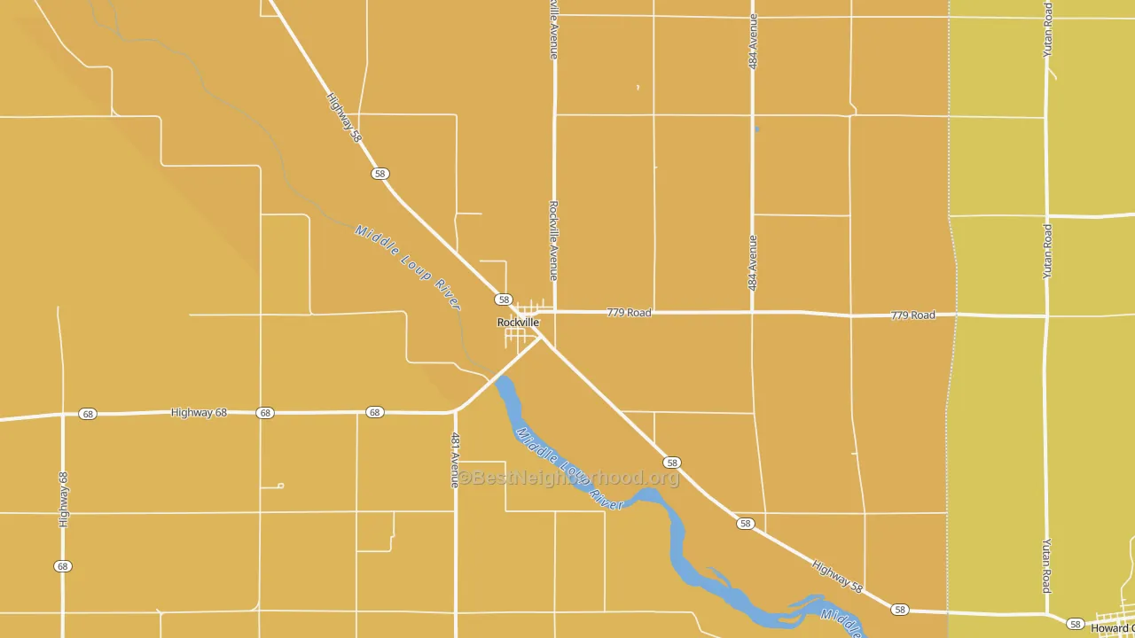 Map of the best neighborhoods in the 68871 area, with better matches in green and worse matches in red