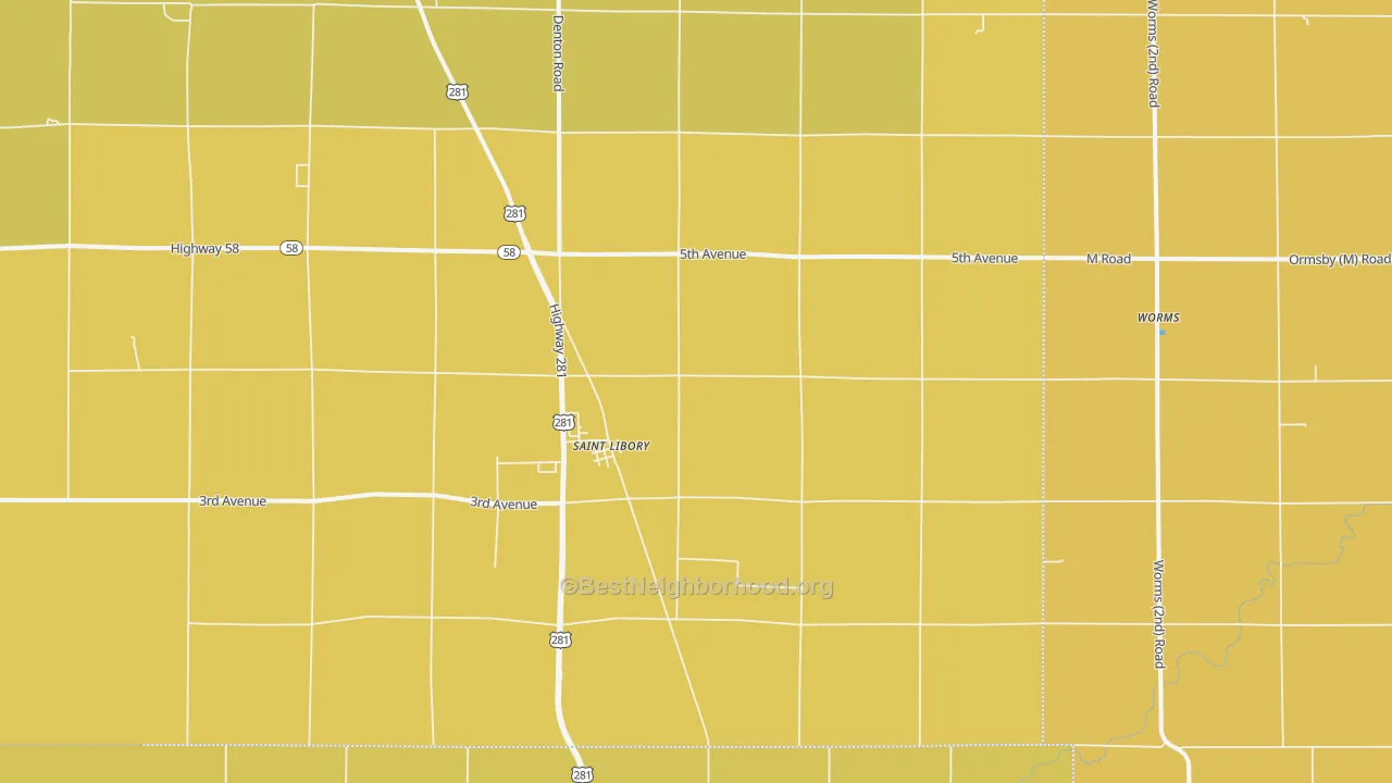 Map of the best neighborhoods in the 68872 area, with better matches in green and worse matches in red