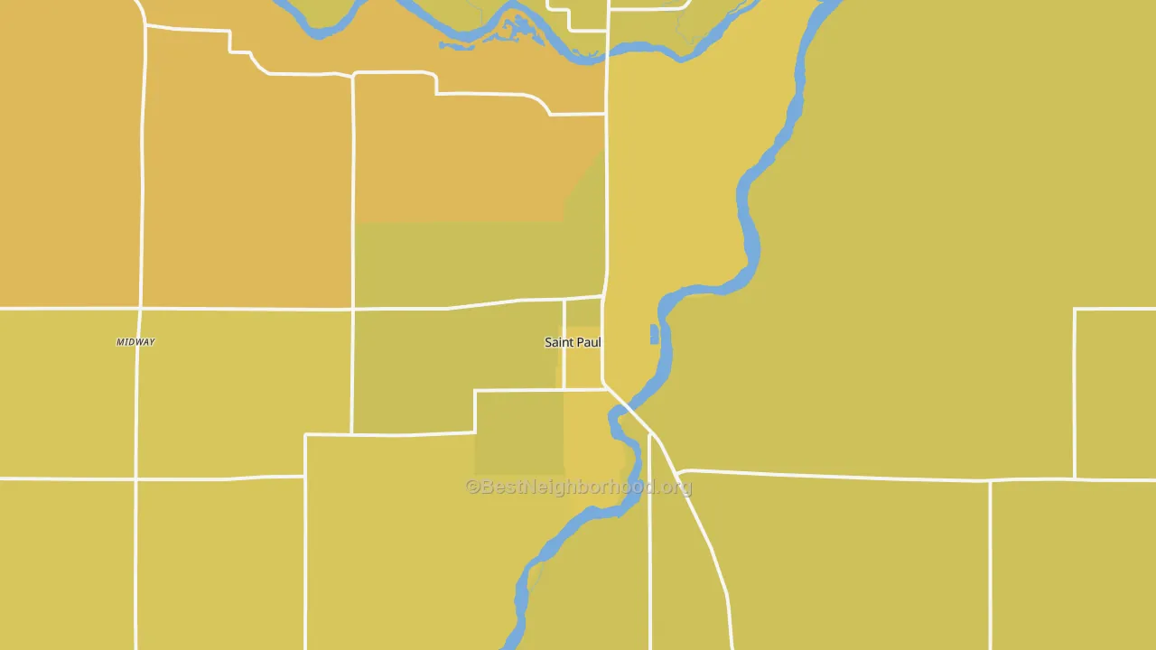 Map of the best neighborhoods in the 68873 area, with better matches in green and worse matches in red