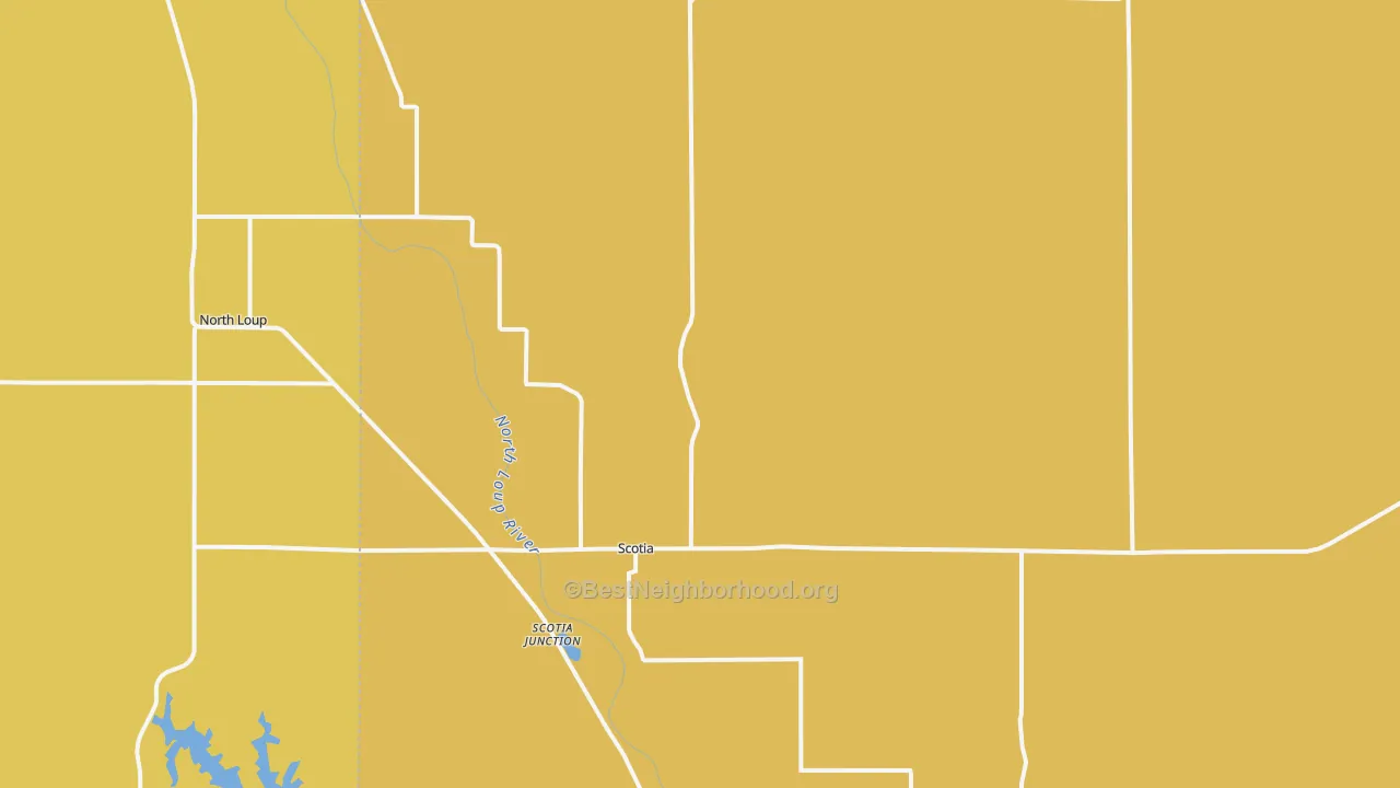 Map of the best neighborhoods in the 68875 area, with better matches in green and worse matches in red