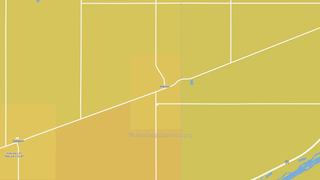 Map of the best neighborhoods in the 68876 area, with better matches in green and worse matches in red