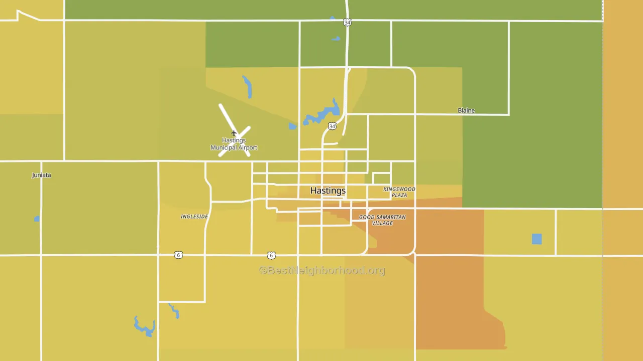 Map of the best neighborhoods in the 68901 area, with better matches in green and worse matches in red