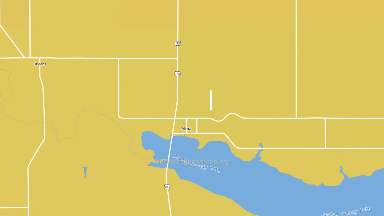 Map of the best neighborhoods in the 68920 area, with better matches in green and worse matches in red