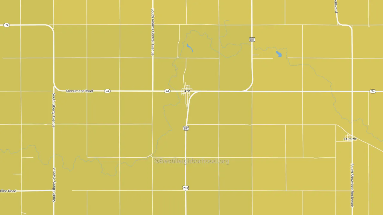 Map of the best neighborhoods in the 68925 area, with better matches in green and worse matches in red