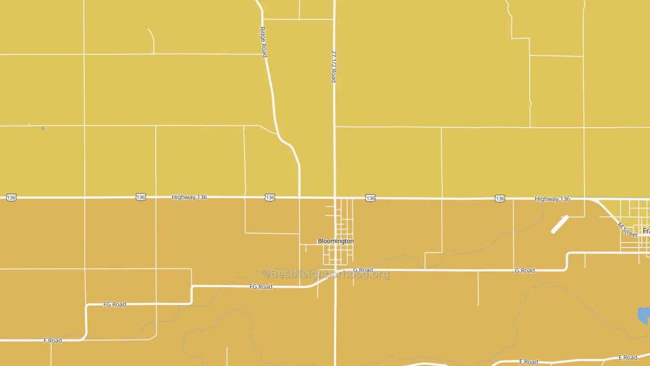 Map of the best neighborhoods in the 68929 area, with better matches in green and worse matches in red