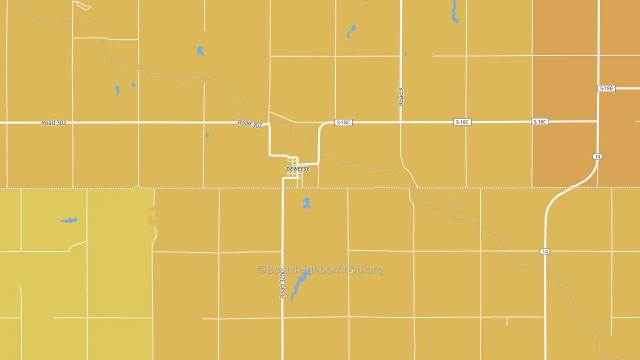 Map of the best neighborhoods in the 68934 area, with better matches in green and worse matches in red