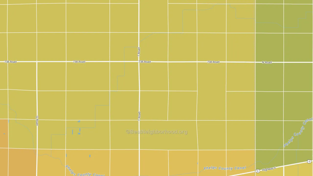 Map of the best neighborhoods in the 68940 area, with better matches in green and worse matches in red