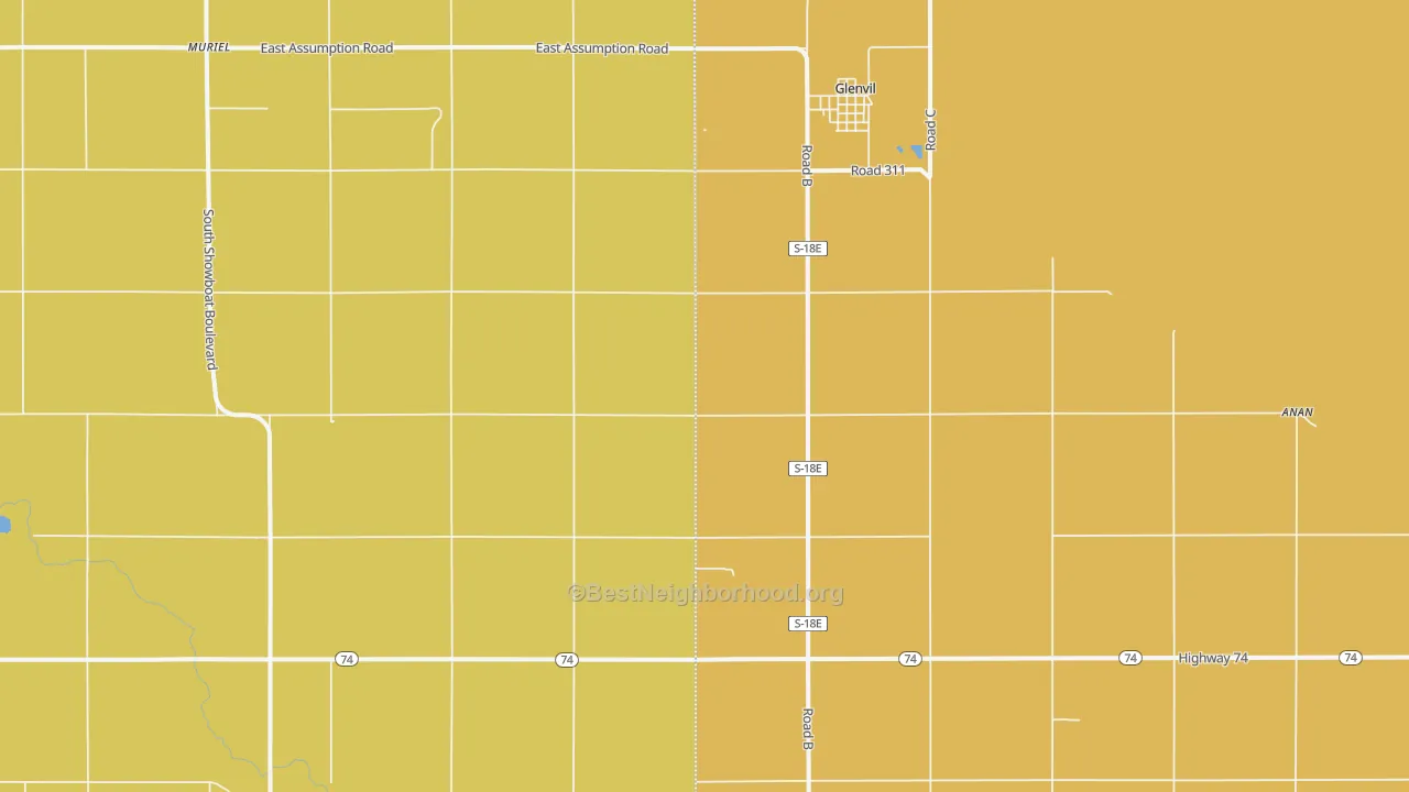 Map of the best neighborhoods in the 68941 area, with better matches in green and worse matches in red