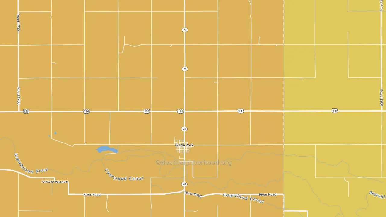 Map of the best neighborhoods in the 68942 area, with better matches in green and worse matches in red