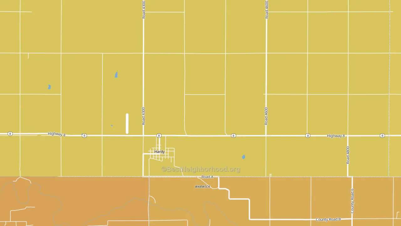 Map of the best neighborhoods in the 68943 area, with better matches in green and worse matches in red