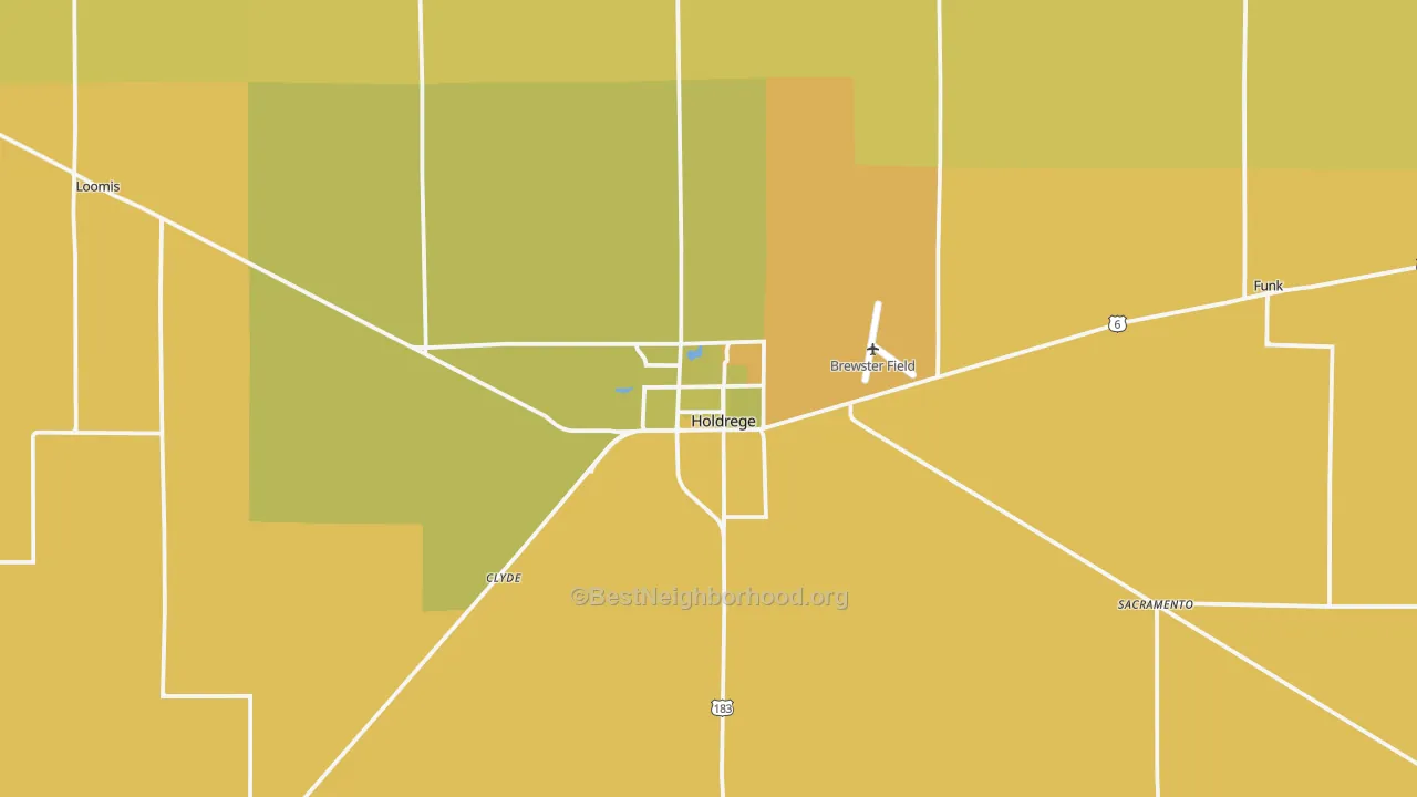 Map of the best neighborhoods in the 68949 area, with better matches in green and worse matches in red