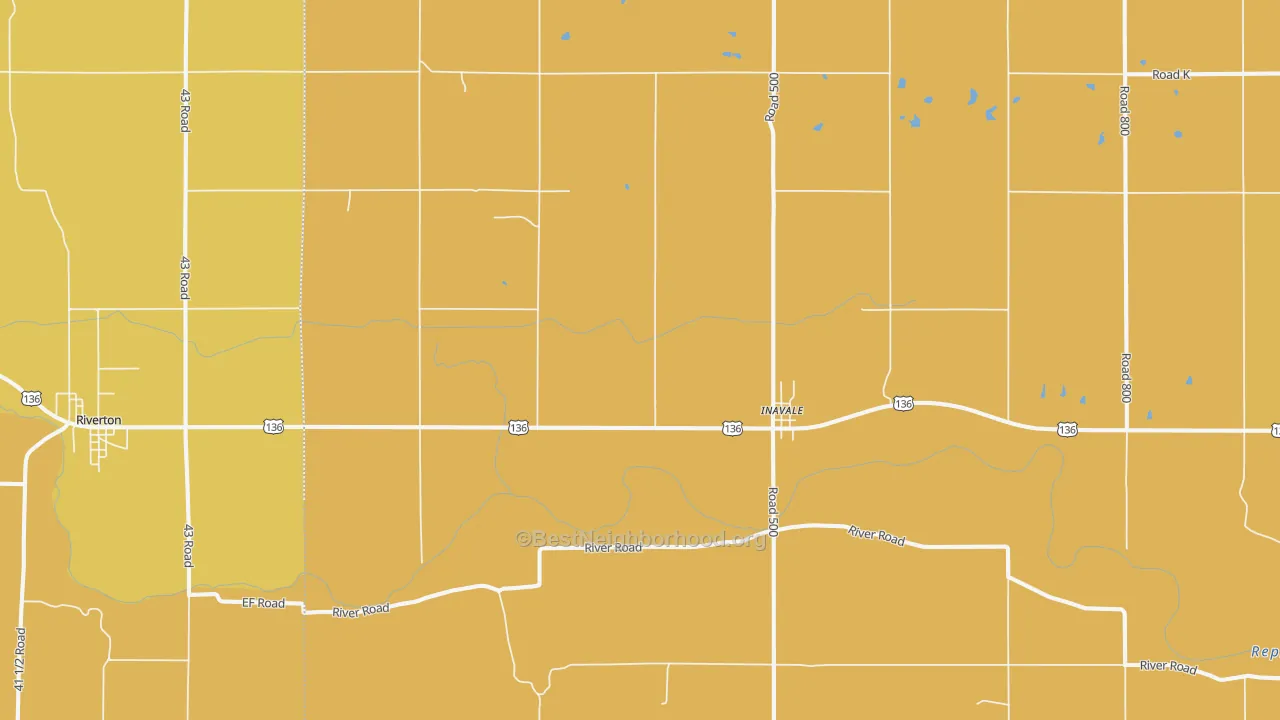 Map of the best neighborhoods in the 68952 area, with better matches in green and worse matches in red