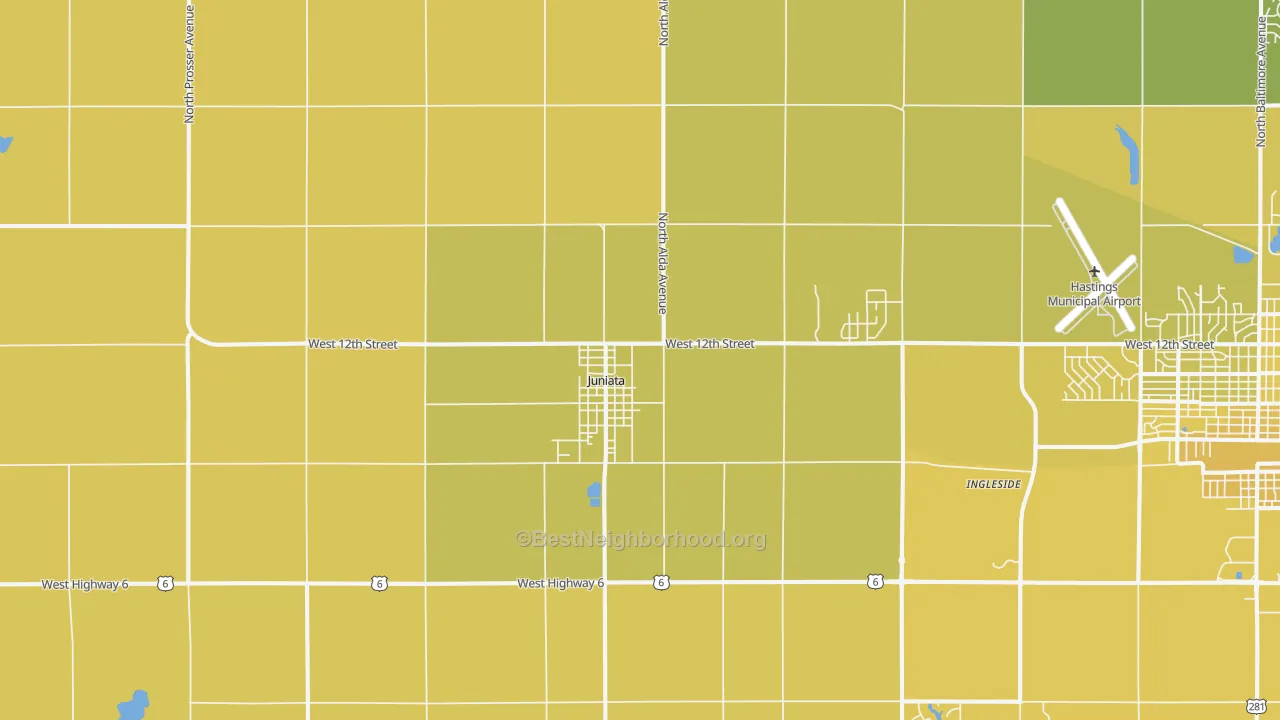 Map of the best neighborhoods in the 68955 area, with better matches in green and worse matches in red