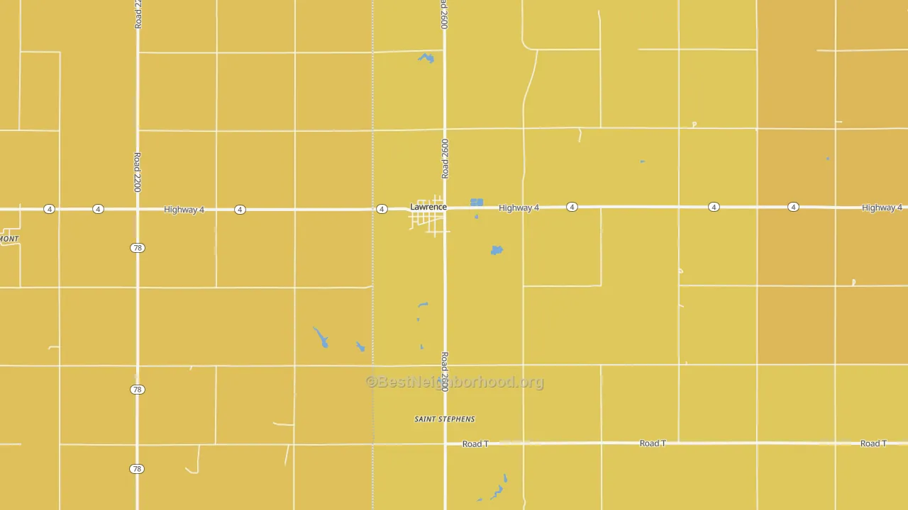 Map of the best neighborhoods in the 68957 area, with better matches in green and worse matches in red