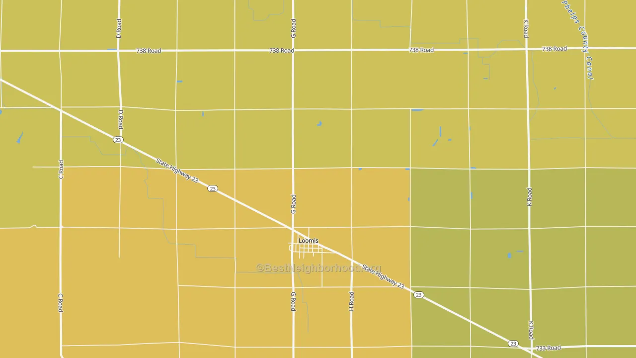 Map of the best neighborhoods in the 68958 area, with better matches in green and worse matches in red