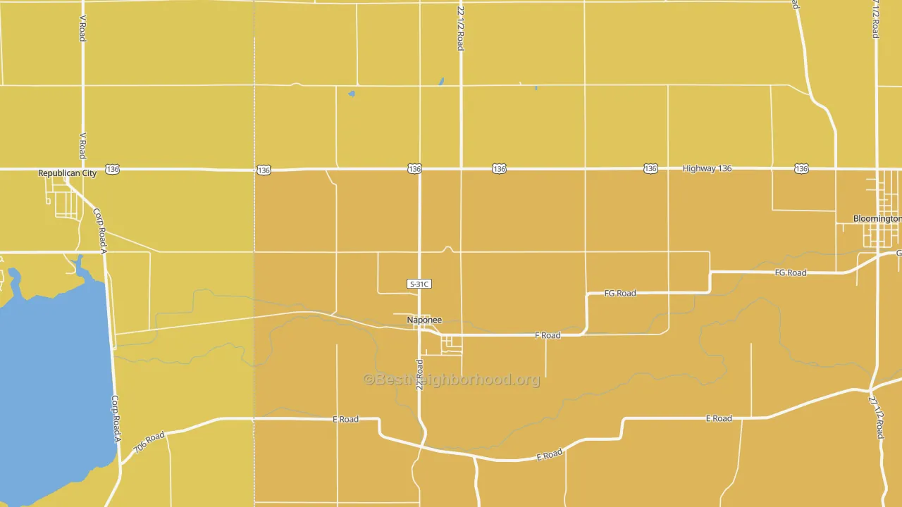 Map of the best neighborhoods in the 68960 area, with better matches in green and worse matches in red