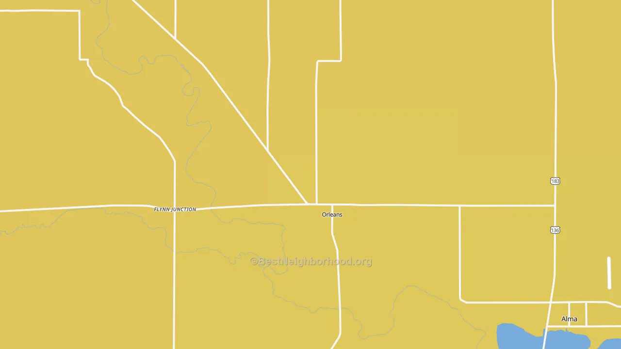 Map of the best neighborhoods in the 68966 area, with better matches in green and worse matches in red
