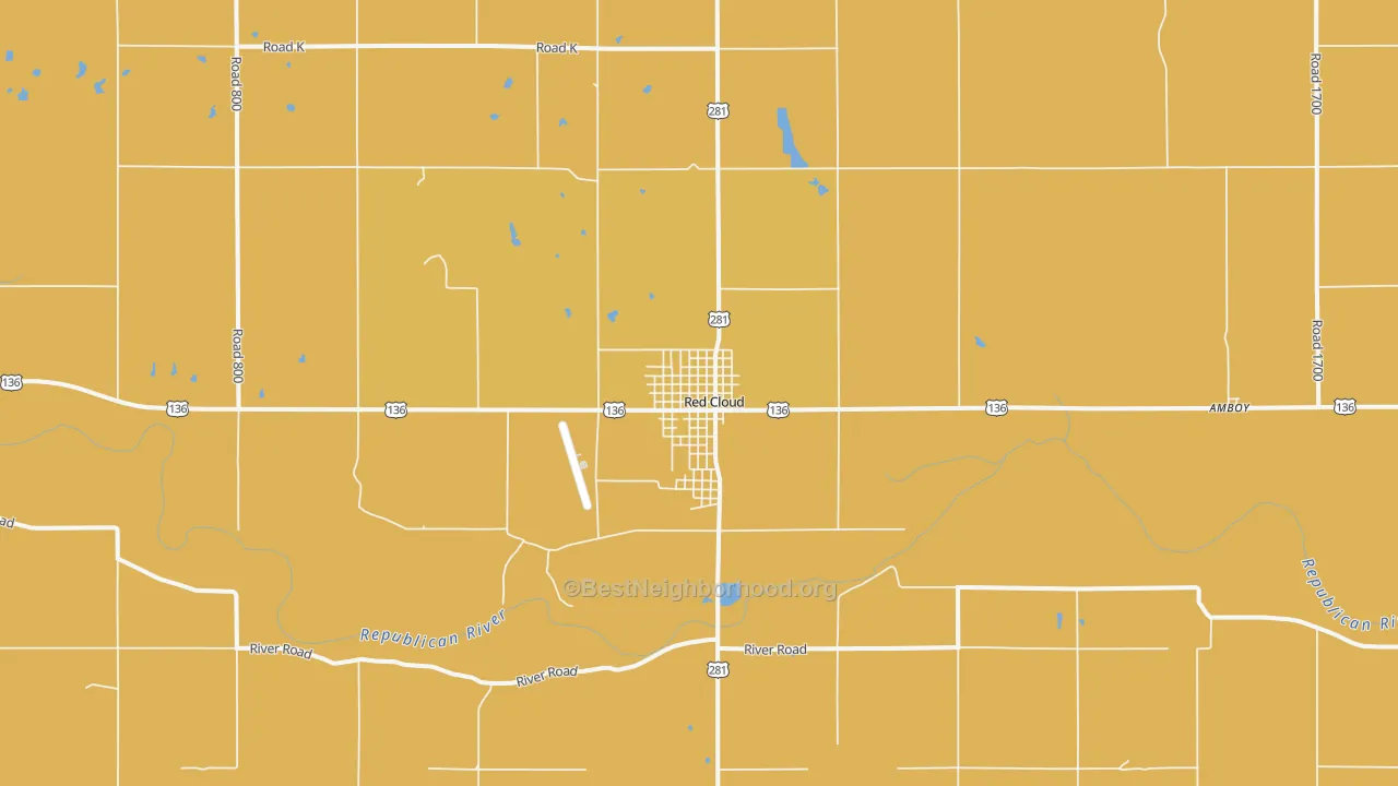 Map of the best neighborhoods in the 68970 area, with better matches in green and worse matches in red