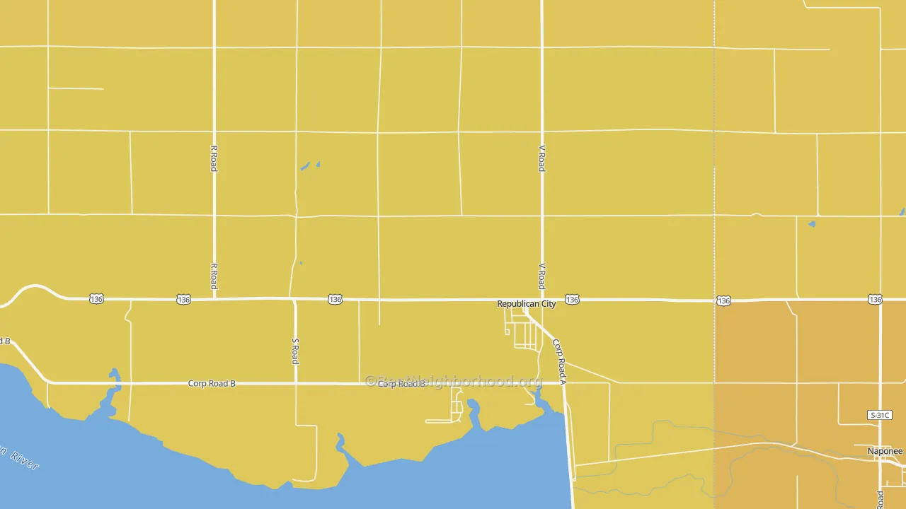Map of the best neighborhoods in the 68971 area, with better matches in green and worse matches in red