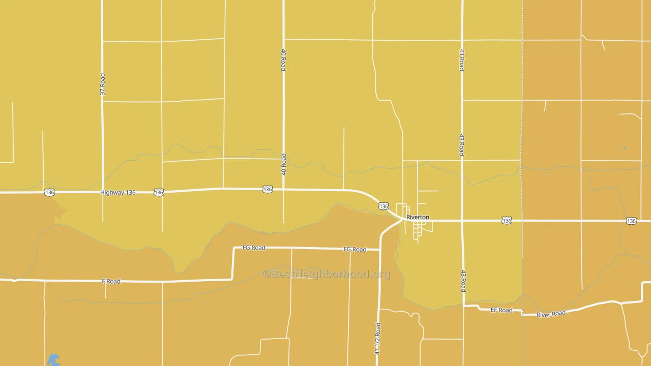 Map of the best neighborhoods in the 68972 area, with better matches in green and worse matches in red