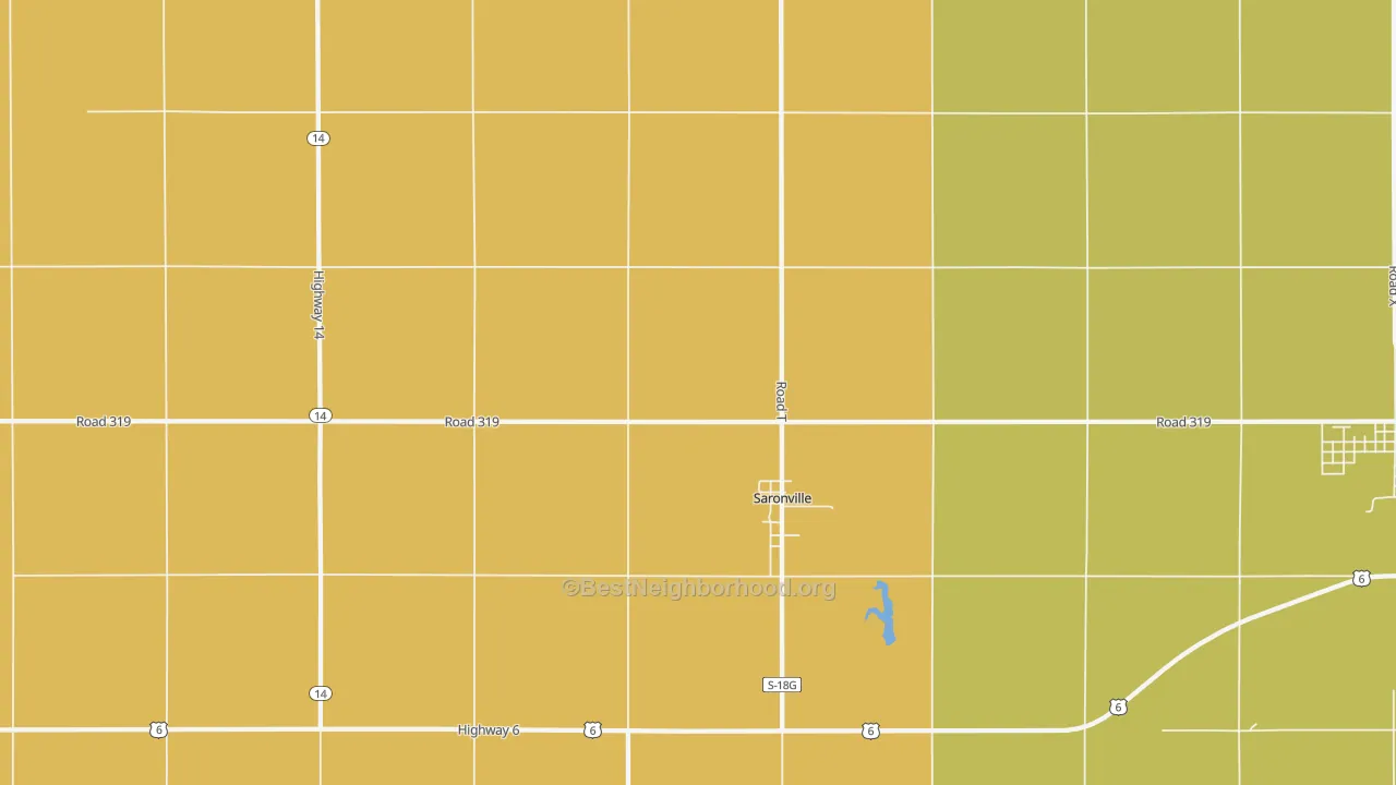 Map of the best neighborhoods in the 68975 area, with better matches in green and worse matches in red