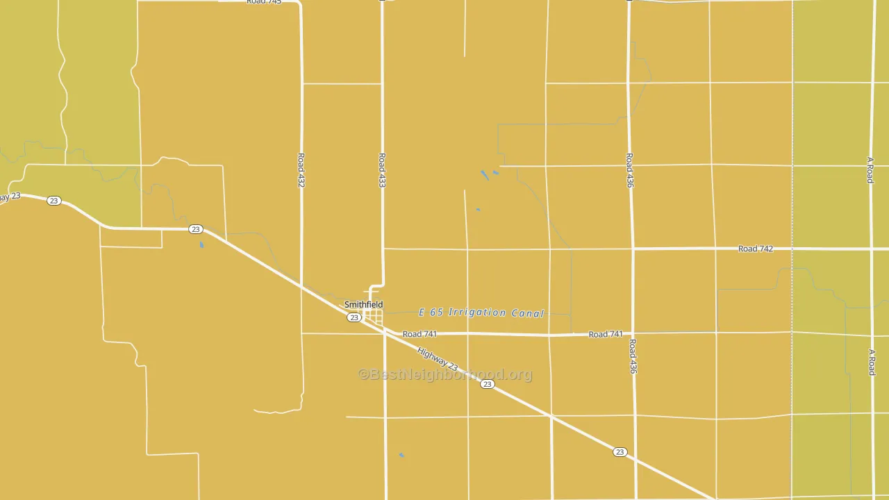 Map of the best neighborhoods in the 68976 area, with better matches in green and worse matches in red