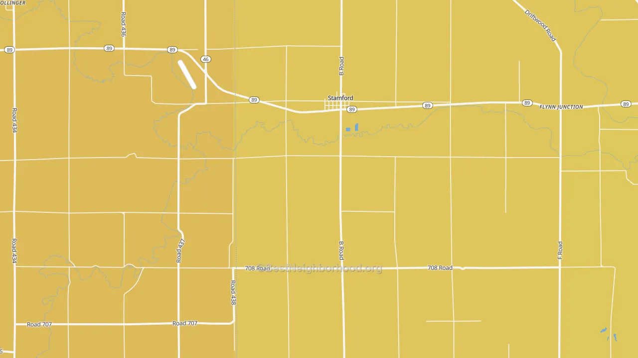 Map of the best neighborhoods in the 68977 area, with better matches in green and worse matches in red