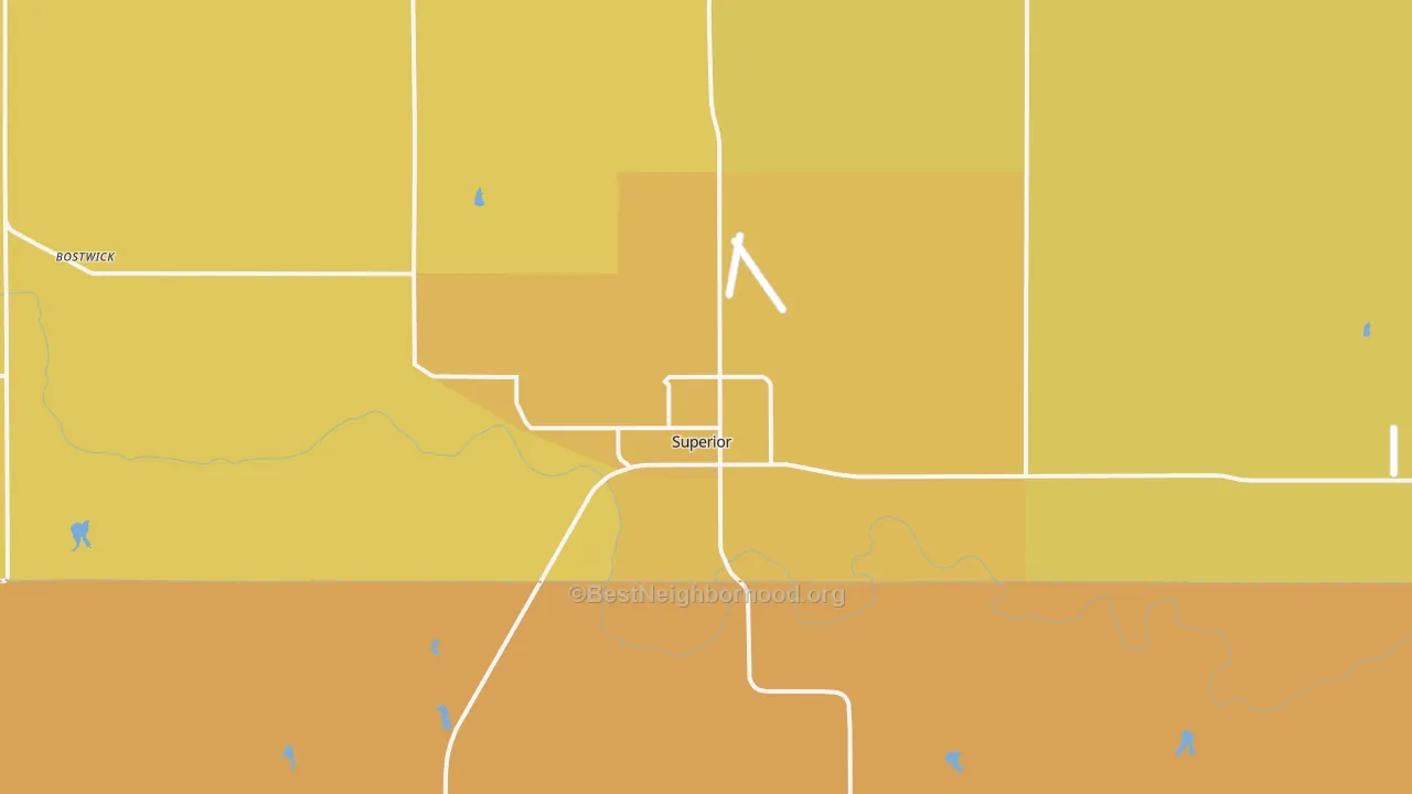Map of the best neighborhoods in the 68978 area, with better matches in green and worse matches in red