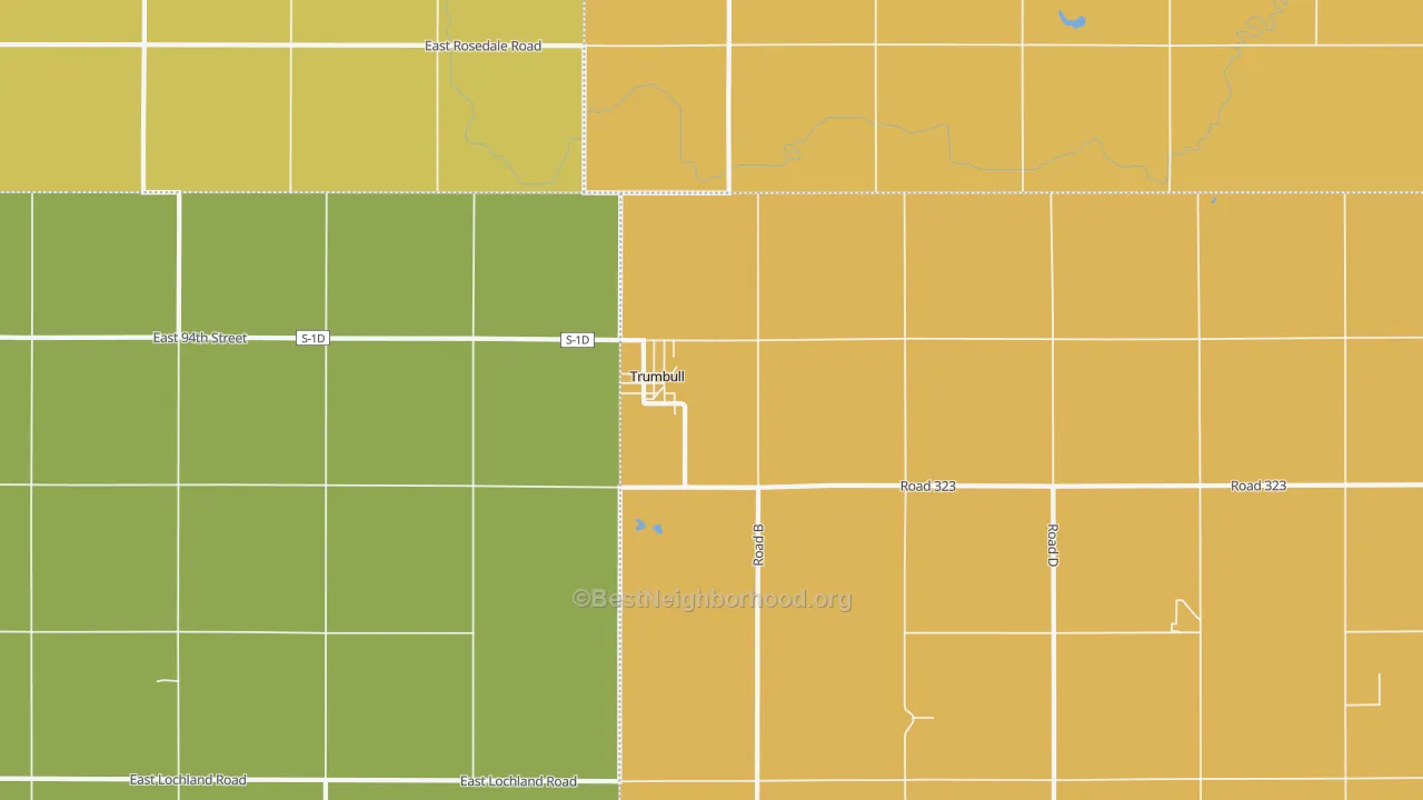 Map of the best neighborhoods in the 68980 area, with better matches in green and worse matches in red