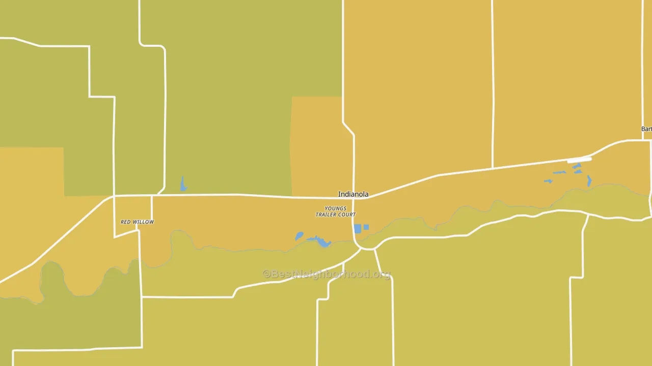 Map of the best neighborhoods in the 69034 area, with better matches in green and worse matches in red