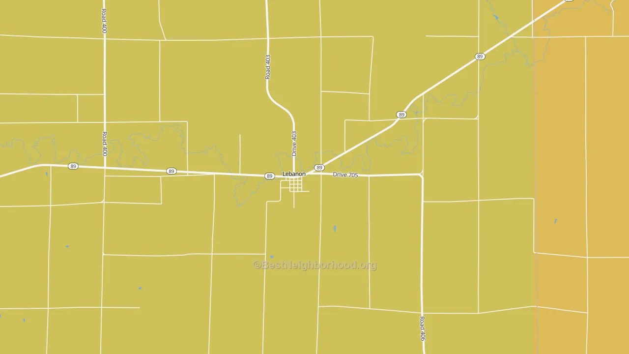 Map of the best neighborhoods in the 69036 area, with better matches in green and worse matches in red