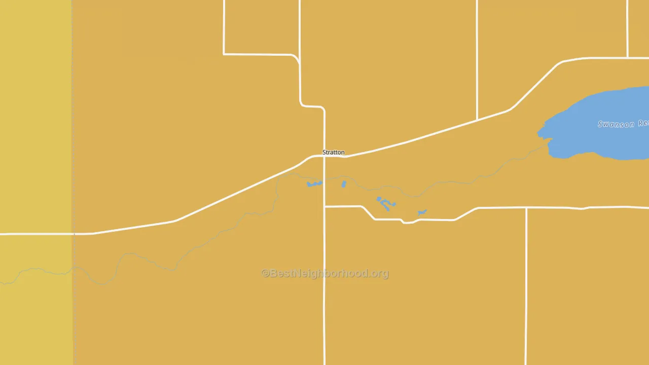 Map of the best neighborhoods in the 69043 area, with better matches in green and worse matches in red