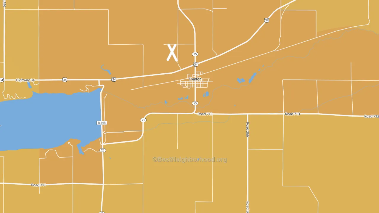 Map of the best neighborhoods in the 69044 area, with better matches in green and worse matches in red