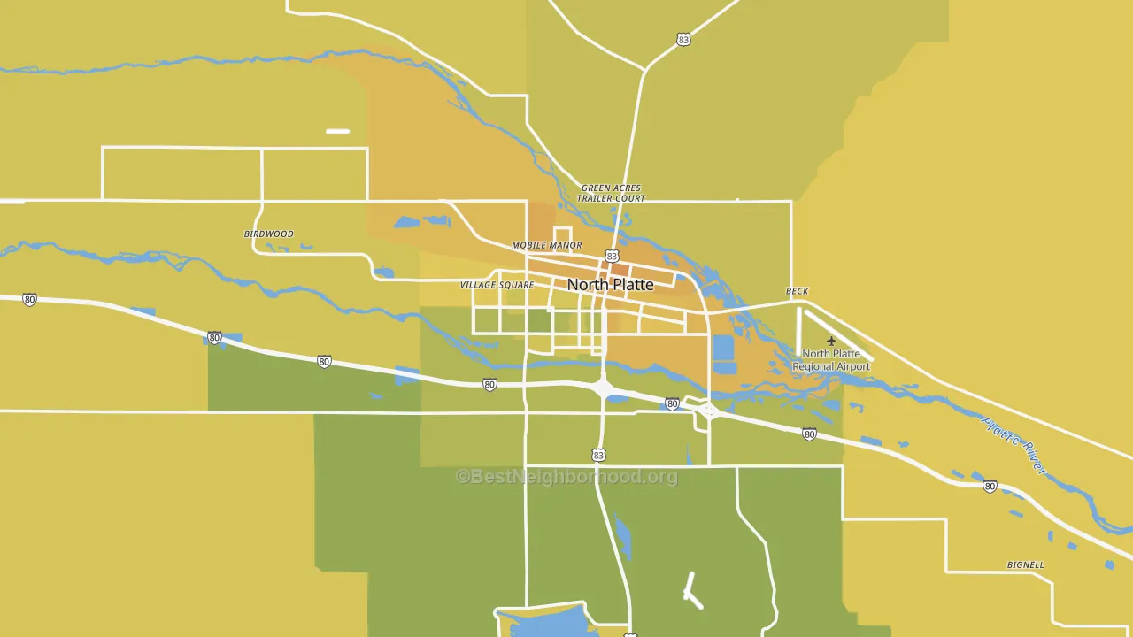 Map of the best neighborhoods in the 69101 area, with better matches in green and worse matches in red