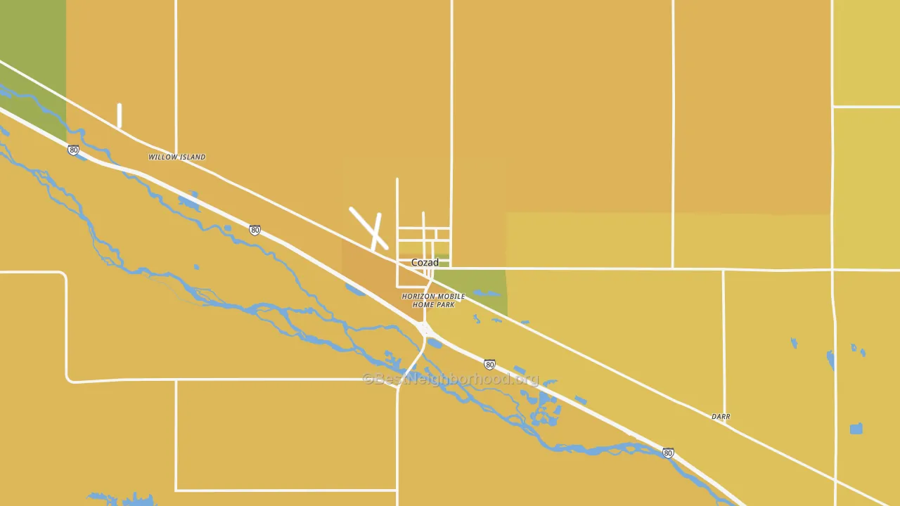 Map of the best neighborhoods in the 69130 area, with better matches in green and worse matches in red