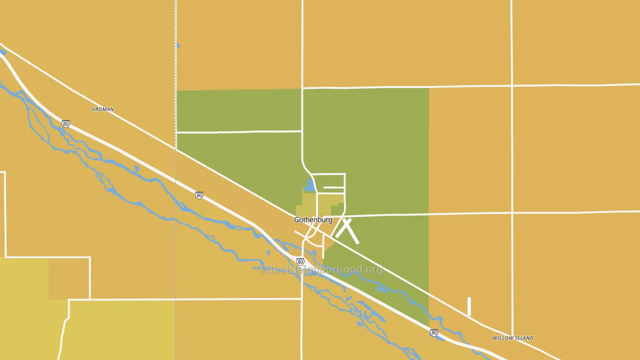 Map of the best neighborhoods in the 69138 area, with better matches in green and worse matches in red
