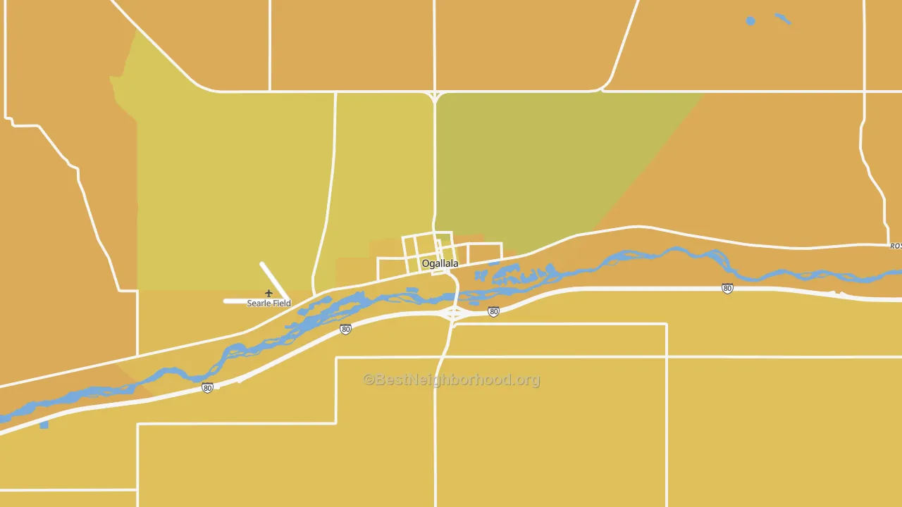 Map of the best neighborhoods in the 69153 area, with better matches in green and worse matches in red