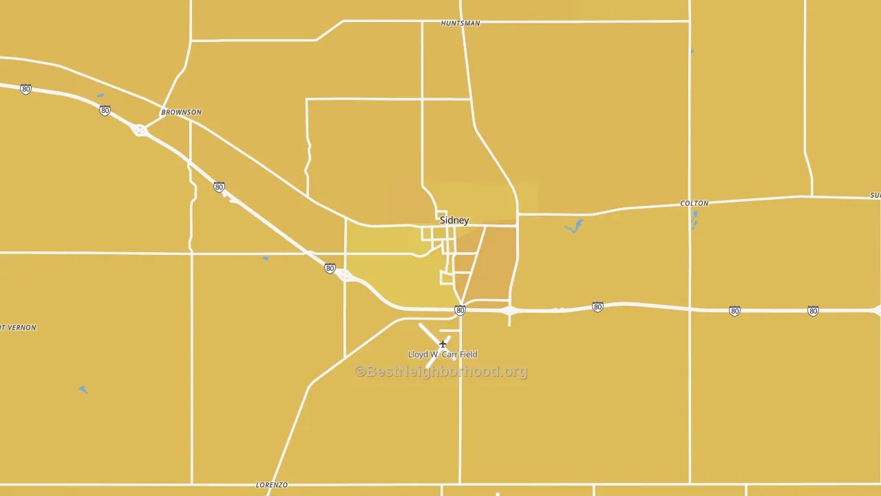 Map of the best neighborhoods in the 69162 area, with better matches in green and worse matches in red