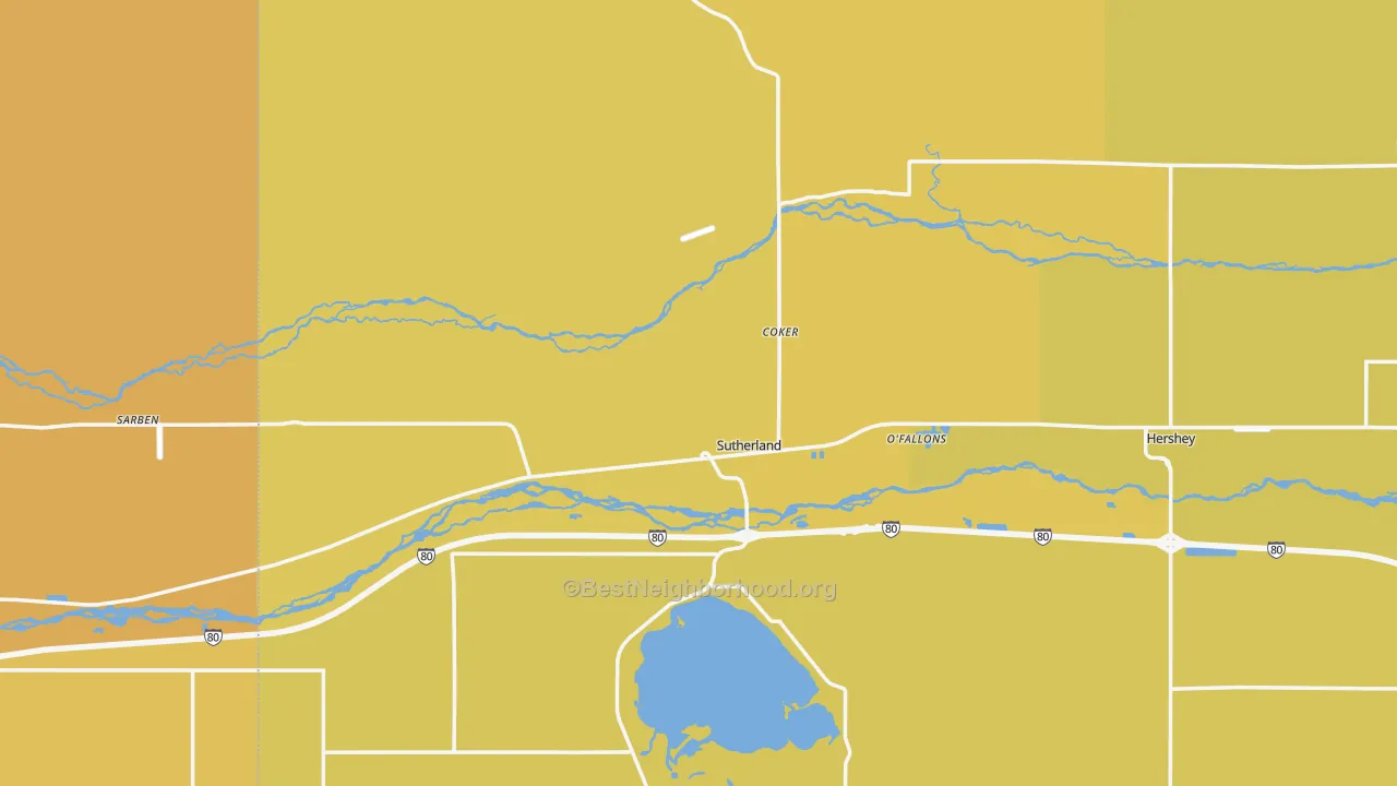 Map of the best neighborhoods in the 69165 area, with better matches in green and worse matches in red