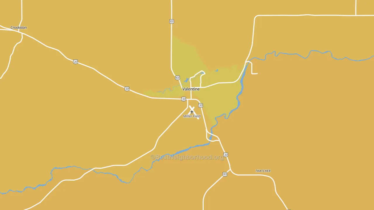 Map of the best neighborhoods in the 69201 area, with better matches in green and worse matches in red