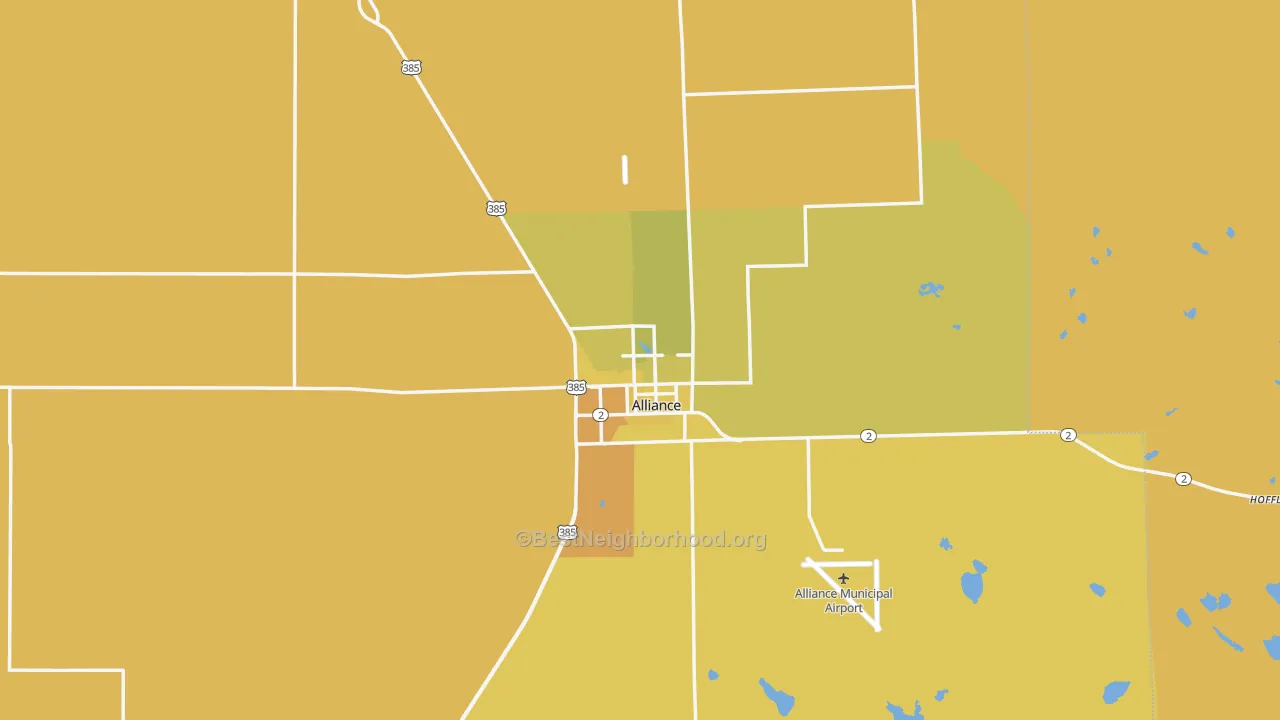 Map of the best neighborhoods in the 69301 area, with better matches in green and worse matches in red