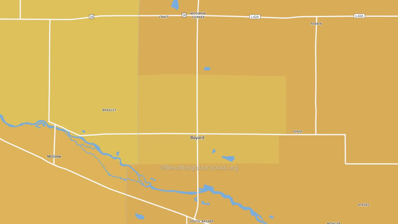 Map of the best neighborhoods in the 69334 area, with better matches in green and worse matches in red