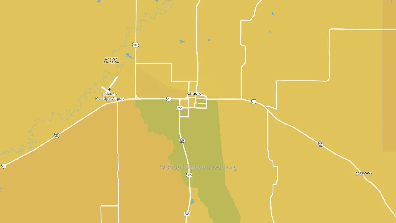 Map of the best neighborhoods in the 69337 area, with better matches in green and worse matches in red