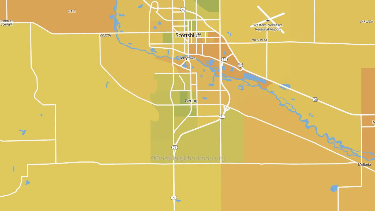Map of the best neighborhoods in the 69341 area, with better matches in green and worse matches in red