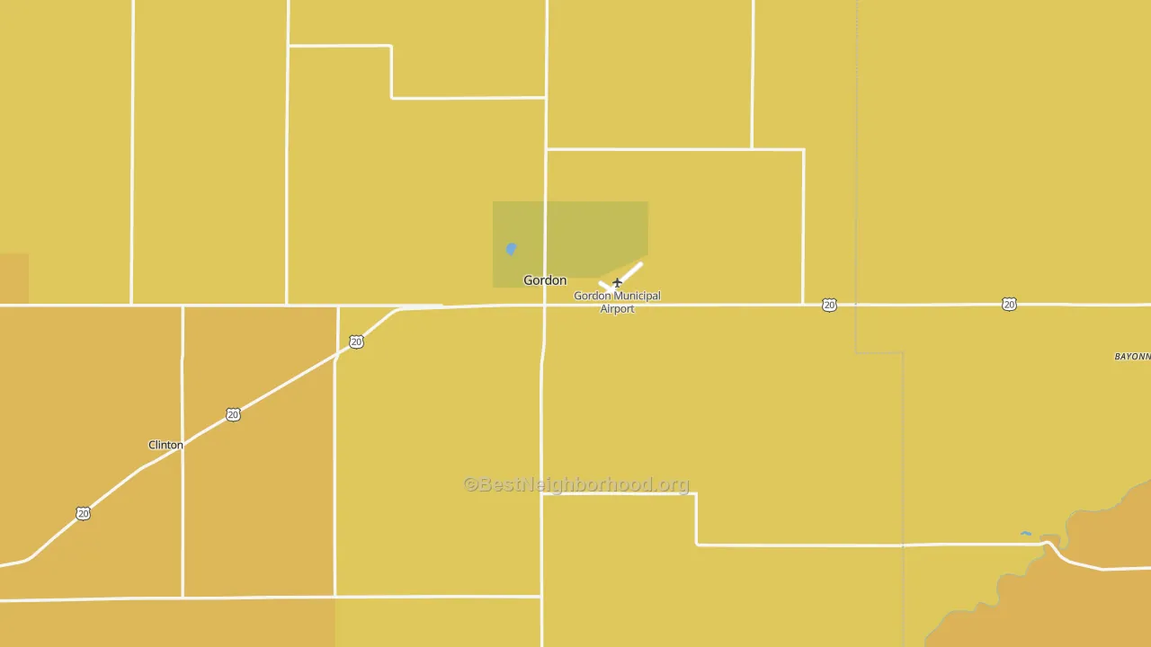 Map of the best neighborhoods in the 69343 area, with better matches in green and worse matches in red