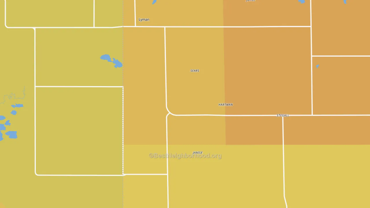 Map of the best neighborhoods in the 69352 area, with better matches in green and worse matches in red