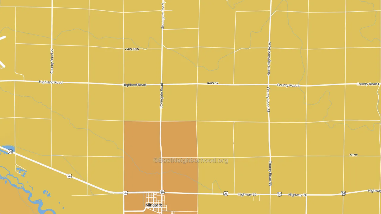 Map of the best neighborhoods in the 69356 area, with better matches in green and worse matches in red